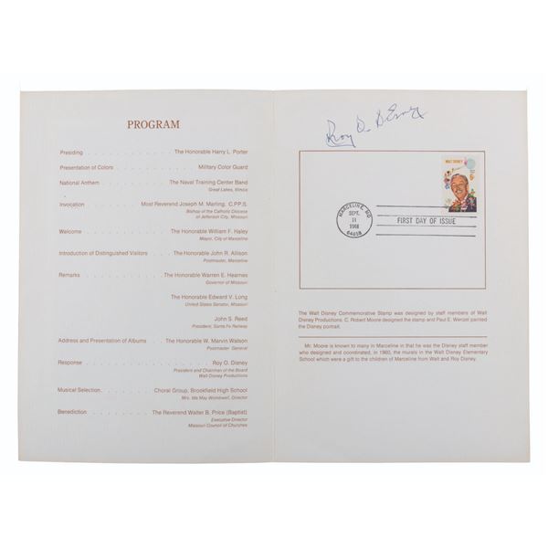 A Walt Disney Stamp 1st Day of Issue Program Signed by Roy O. Disney.
