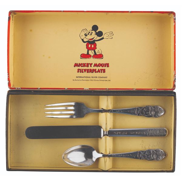 A Mickey Mouse 3-Piece Silverplate Flatware Set.