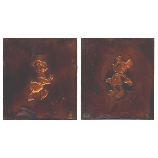 A Pair of Mickey and Donald Copper Plate Decorations.