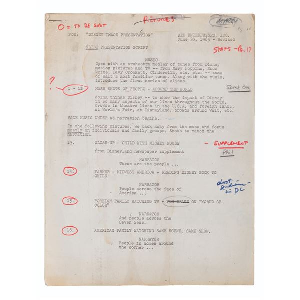 A  1965 "Disney Image" Slideshow Script with Edits.