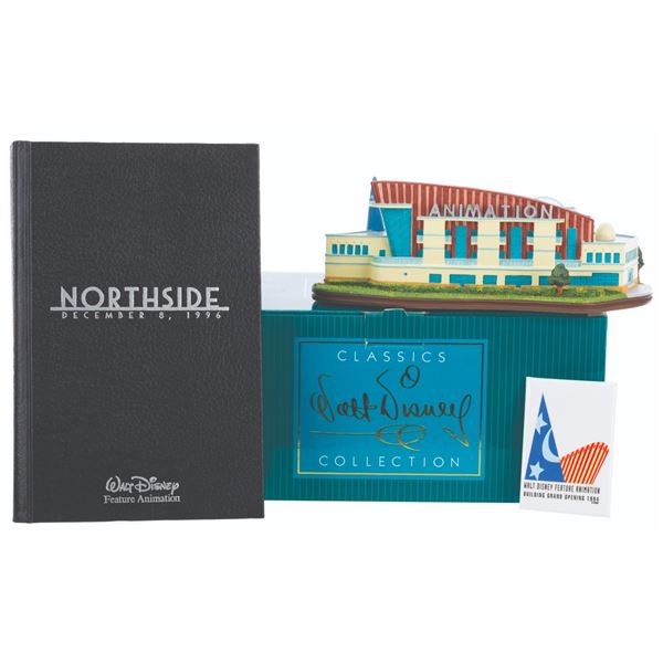 A Feature Animation Building Sculpture, Button, & Notebook.