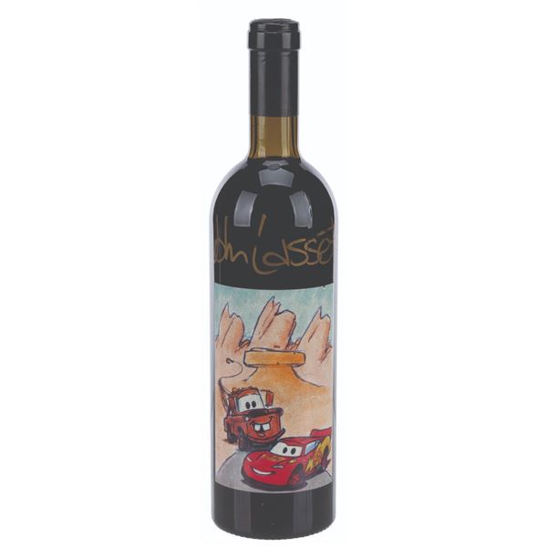 A John Lasseter Signed "Cars" Crew Gift Wine Bottle.