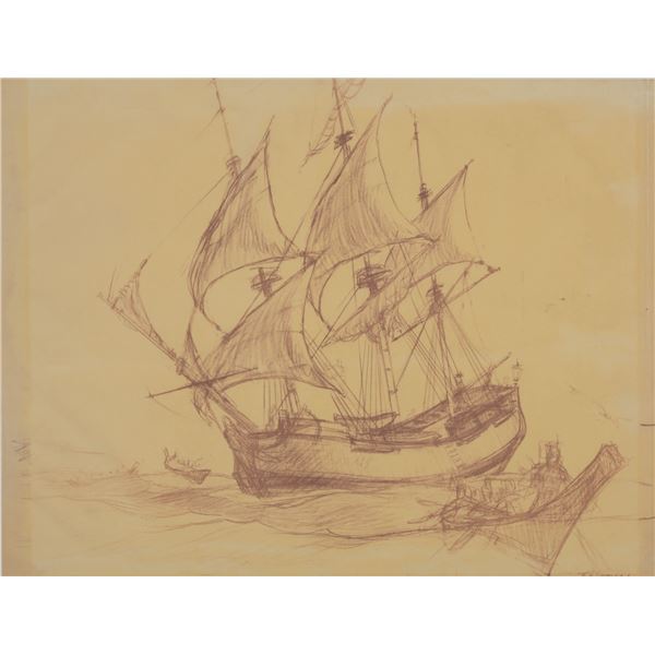A Bruce Bushman Sailing Ship Brownline Concept Drawing.