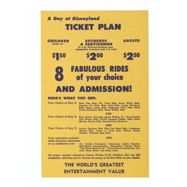 A 1955 Disneyland 8 Rides Ticket Plan Flyer.