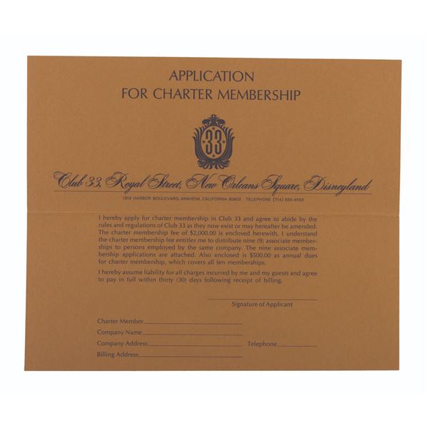 A Rare Club 33 Charter Membership Application.
