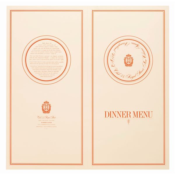 An Early Club 33 Dinner Menu.