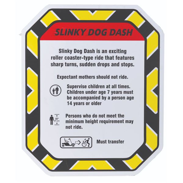A Slinky Dog Dash Safety Sign.