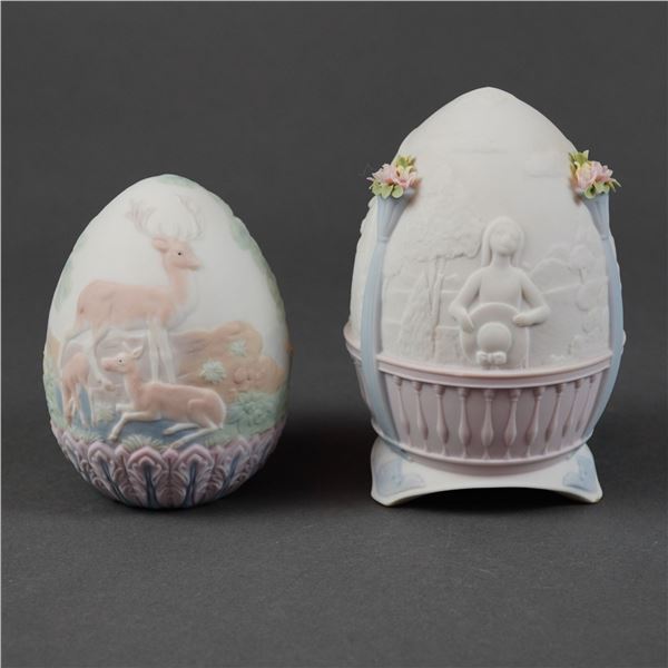 A Pair of Lladro Porcelain Eggs, 1996 Stag Deer and 1998 Garden Stroll