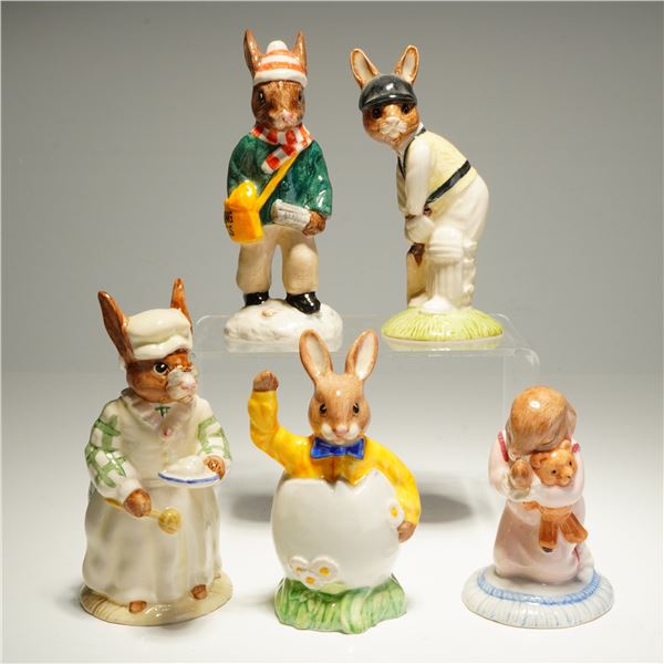 Collection of Five Royal Doulton Bunnykins Batsman Cook Goodnight Paperboy