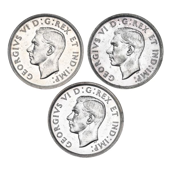 Canada. George VI (1936-1952). Varietal trio of Silver Dollars, 1947. Blunt 7 (2), and Pointed 7. (K