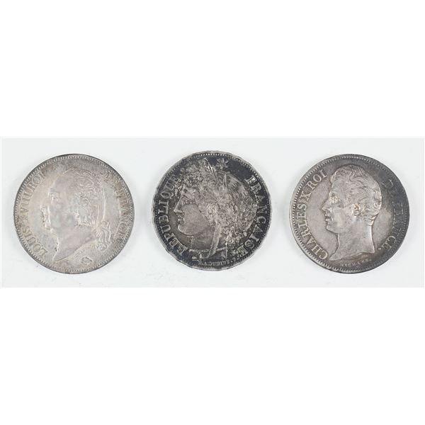 France. Trio of 19th Century Silver 5 Francs, 1822-49.,