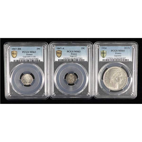 France. Louis-Philippe-Third Republic. Trio of PCGS-graded Silver coins.,