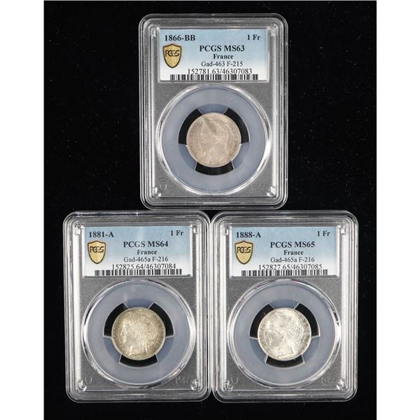 France. Napoleon III-Third Republic. Trio of PCGS-graded Silver Francs.,