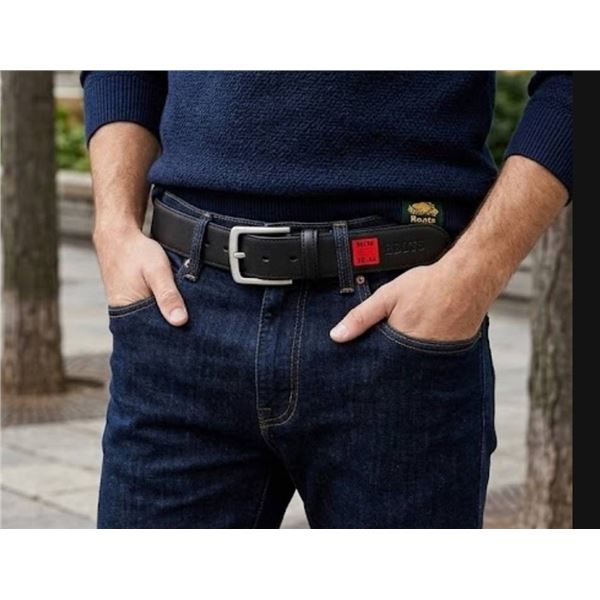 Roots Black Leather Belt with Silver-Tone Buckle, Size M 32-34