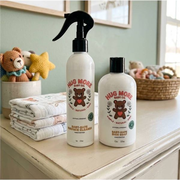 Hug More Baby Co Baby-Safe Surface Cleaner and Dish Soap Set, Unscented, 8 oz & 12 oz