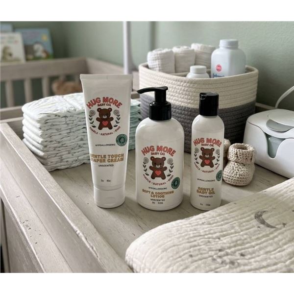 Hug More Baby Co. Gentle Baby Skincare Set: Diaper Cream, Lotion, and Oil