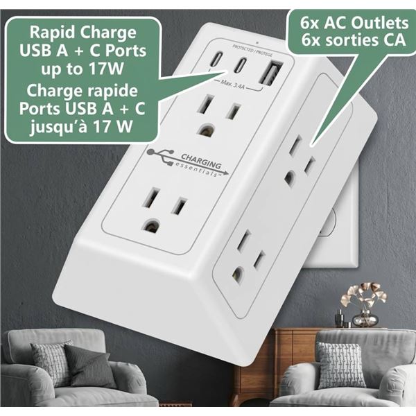 2 Charging Essentials 6-AC Wall Tap With USB Ports ITM./ART. 1949600