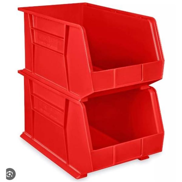 Stacking Red Plastic Storage Bin with Contents