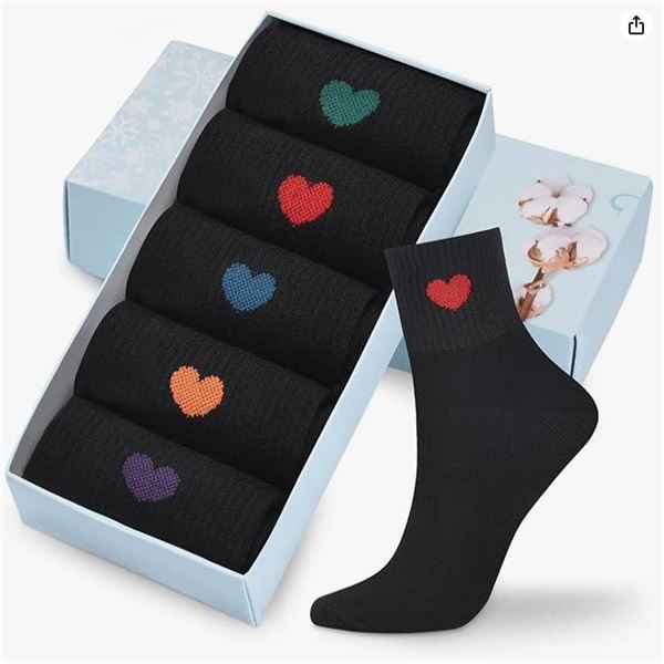 5 Pairs of Black Socks With Colored Heart Designs