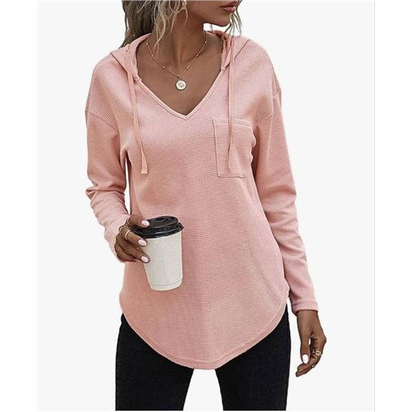 Women's Large Pink Hooded Long-Sleeve Pullover Top by Rirou