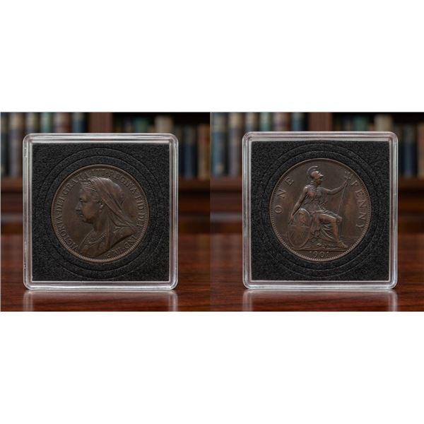 1901 Victorian One Penny Coin in Protective Display Case (1 Coin - Front And Back)