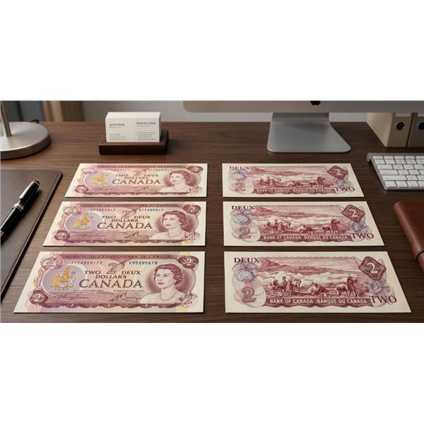 Lot of 3 Bank of Canada $2 1974 Notes with QEII Portrait and Oil Fields Illustration