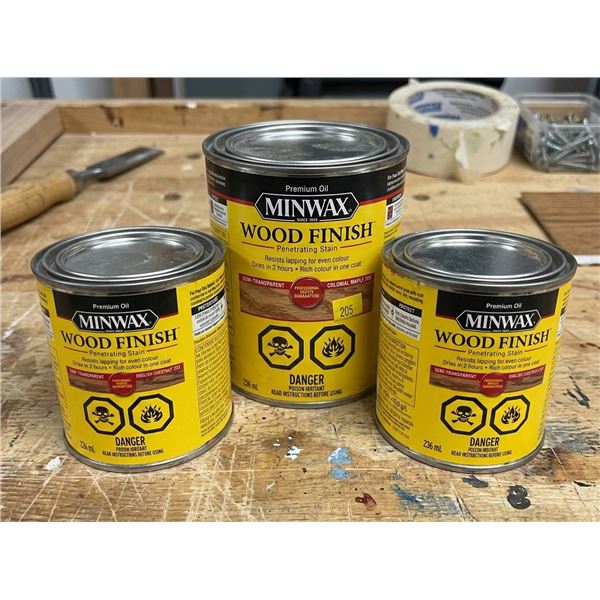 Lot of 3 - Minwax Wood Finish Penetrating Stain. English chestnut 233 (2 x 236 ml).  Colonial Maple 