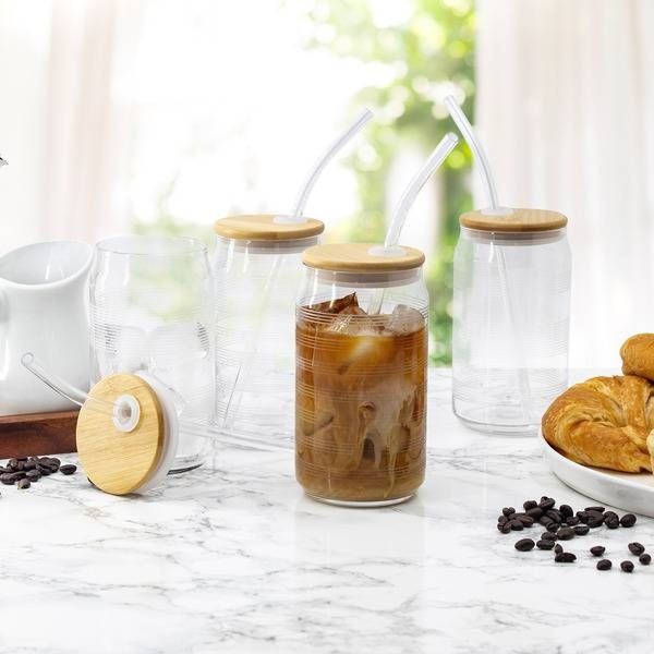 Gourmet Basics 4-piece Glass Tumblers With Lids and Straws, 18 oz Capacity