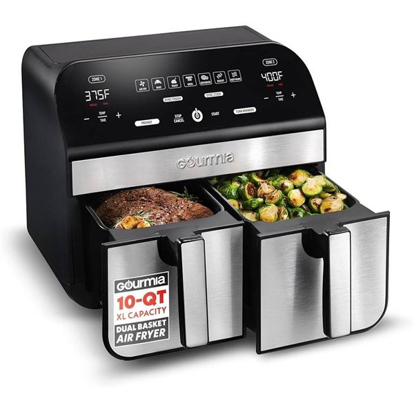 Gourmia 10-Quart/9.4 Liter Capacity Dual Basket Digital Air Fryer, with Smart Finish & 7 Cooking Fun