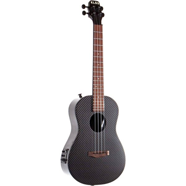 Deluxe KLOS Black Carbon Fiber Acoustic Electric Ukulele Kit with Gig Bag, Rain Cover, Strap, Strap 