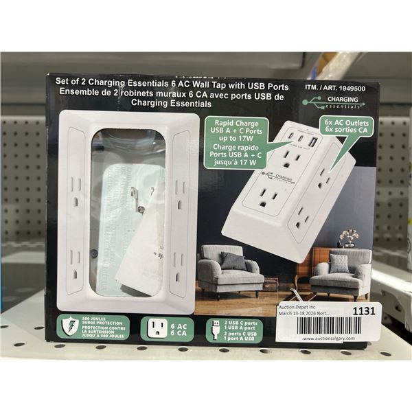Charging Essentials 6 AC Wall Tap With USB Ports, Pack of 2