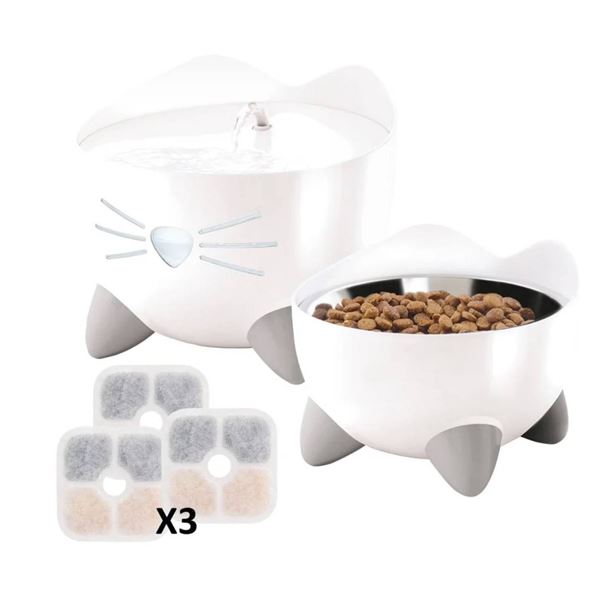 Catit Pixi Cat Drinking Fountain and Elevated Feeding Dish Combo Pack
