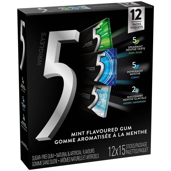 Wrigleys 5 Mint Flavoured Gum, 3 flavours, 12 x 15 Sticks Per Pack