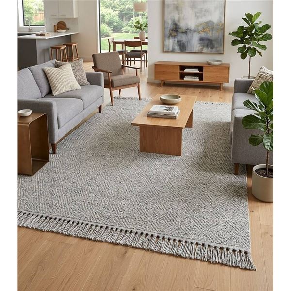 Gray and White Pattern Area Rug with Fringe Edges