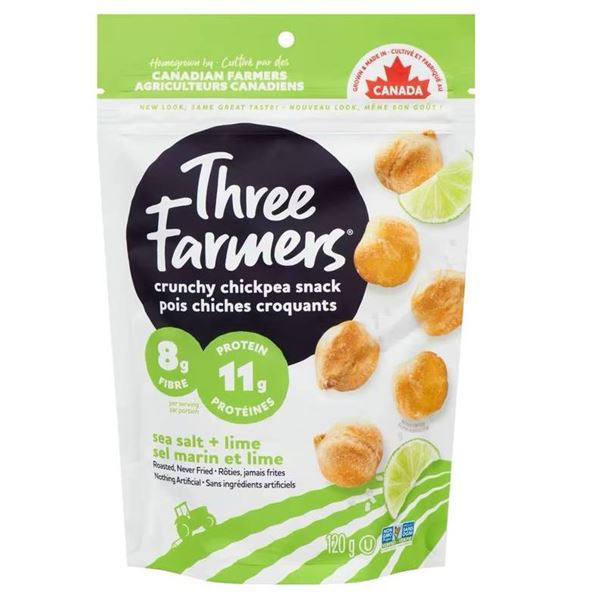 Three Farmers Crunchy Chickpea Snack, Salt & Lime Flavored, 6 x 120 g