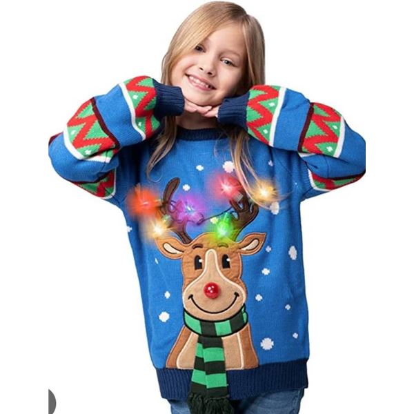 Joyin Kid Reindeer Ugly Blue Sweater with Light Bulbs, Size S