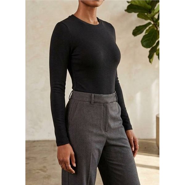 Mangopop Long-Sleeve Black Bodysuit, Size L, 90% Nylon, 10% Spandex