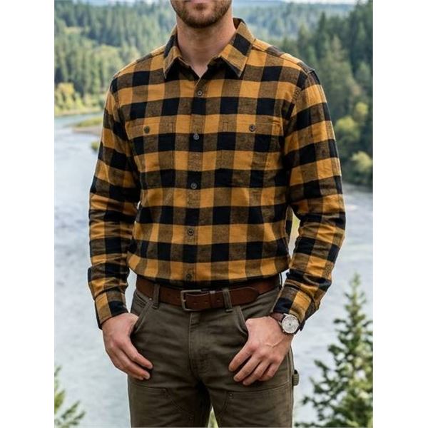 Men’s Tan Plaid Long-Sleeve Shirt – Size XL