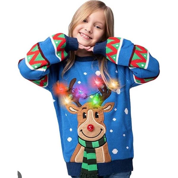 Joyin Kid Reindeer Ugly Blue Sweater with Light Bulbs, Size S