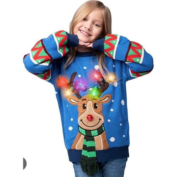 Joyin Kid Reindeer Ugly Blue Sweater with Light Bulbs, Size S
