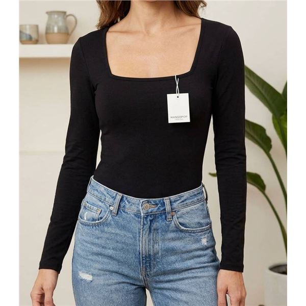MangoPop Women's Long Sleeved Black Bodysuit, Size M