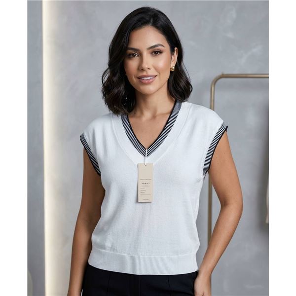 Dokotoo Women’s Knit V-Neck Sleeveless Top with Striped Trim, White, Size XL