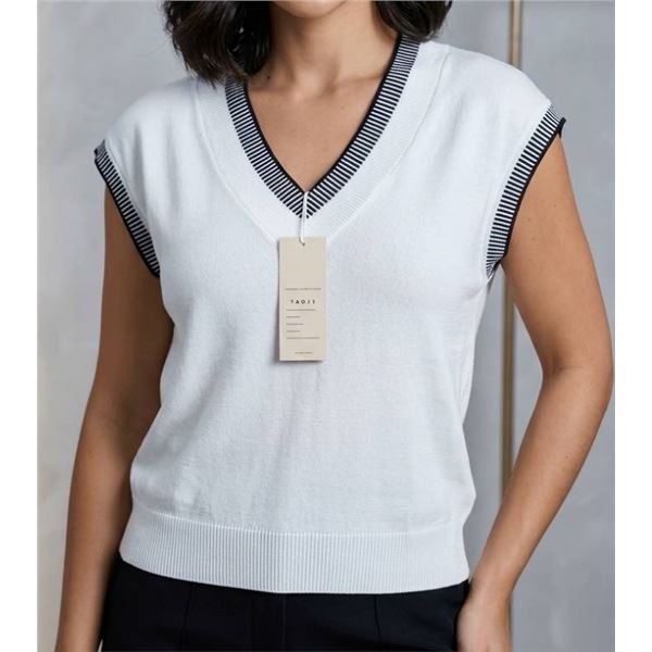 Dokotoo Women’s Knit V-Neck Sleeveless Top with Striped Trim, White, Size XL