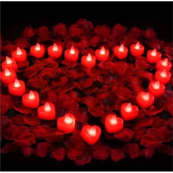 AMAGIC 24 Pack Heart Red Tealights with 2000 Pas Artificial Petals, Battery Operared Candles Led Tea