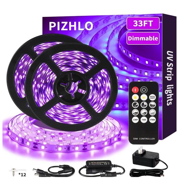 PIZHLO Upgraded 33ft/10M LED Black Light Strip Set with Remote, 600 LEDs, 12V Self-Adhesive Dimmable