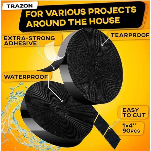 Trazon Hook and Loop Adhesive Tape, 1 Inch x 30 Feet, Black, 90-Piece Set