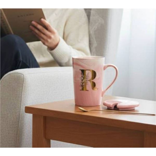 Pink Ceramic Mug with Lid, Gold Initial ‘R’, and Gold-Toned Spoon