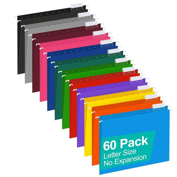 Herkka Letter Size Hanging File Folders, Assorted 12 Colors, 60-Pack
