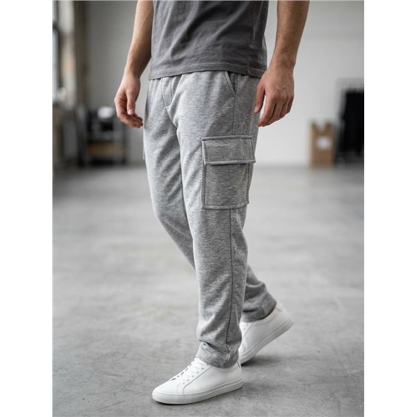 Men’s Gray Sweatpants, Size M, Elastic Waistband with Cargo Pockets