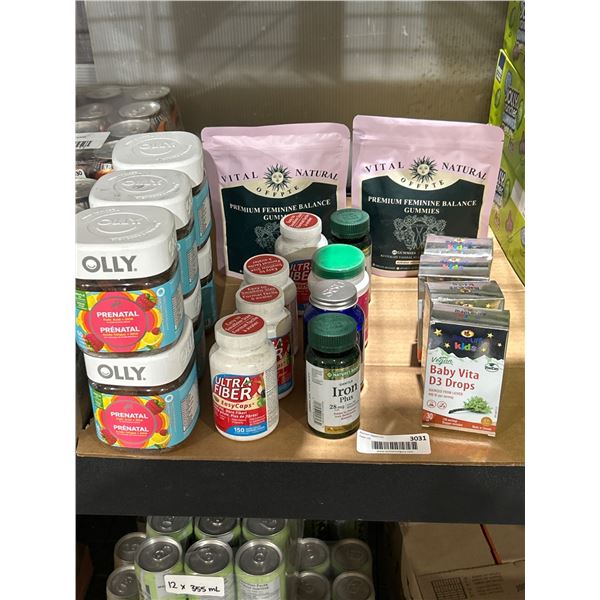 Bulk Lot of Nutritional Supplements Including Olly, Ultra Fiber, and Baby Vita D3 Drops